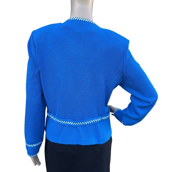 St. John 8 Santana Knit Jacket Cobalt Blue White Stitching Cardigan Blazer - Picture 6 of 11